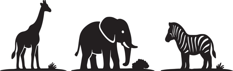 Fototapeta premium African animals silhouette collection featuring giraffe elephant and zebra on white background