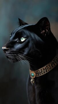 A sleek black cat is showing its green eyes and wearing a shiny collar. It poses in different ways against a blurred background. The cat appears alert and curious