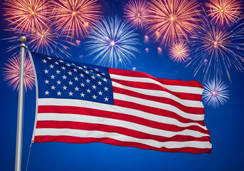 Obraz premium American flag on flagpole waving with fireworks background for 4th of July