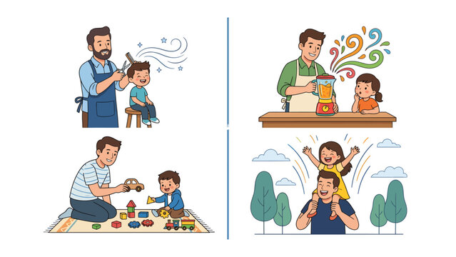 Day in the Life of a Father: a heart warming illustrations capturing the many roles of a dad, from hairstylist to chef to playmate, celebrates the love and laughter of family life.
