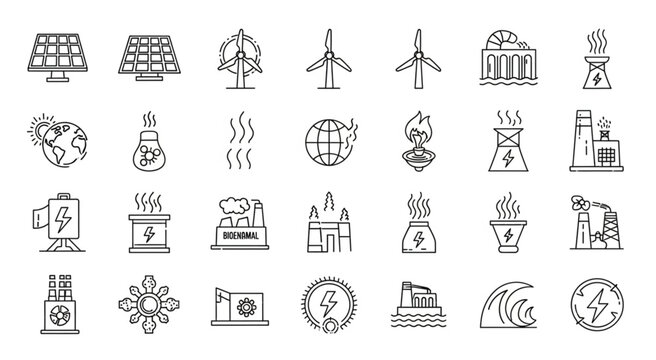 Collection of various renewable energy sources and power generation icons.