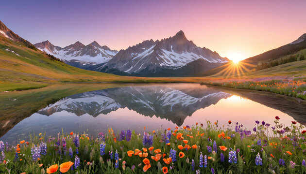 See mit blauen Lupinen und schroffen Felswaenden
