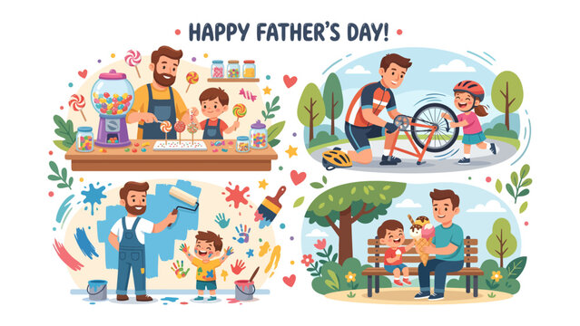 Father's Day Delights: A collection of heartwarming scenes showcasing fathers and their children enjoying quality time together, celebrating the special bond between parent and child.