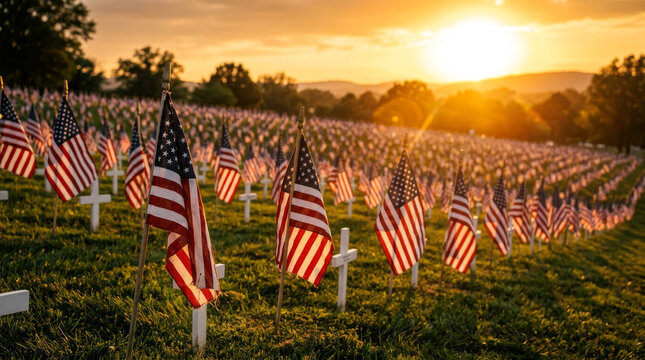 Memorial Day tribute, a solemn field of American flags and white crosses honoring fallen heroes. Patriotic display at sunset, commemorating veterans and national remembrance.