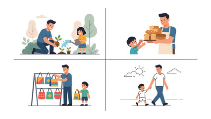 Fototapeta premium Father-Child Activities: A heartwarming illustration depicts a series of wholesome activities. Scenes include gardening, helping with bags.