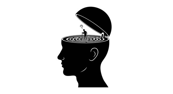 Silhouette of head with open mind, ripples, and tiny person thinking