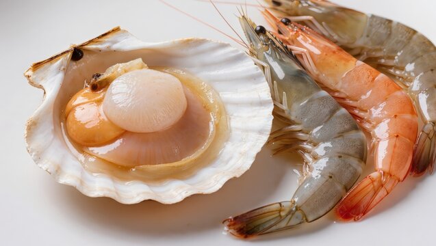 Minimalist still life featuring a fresh scallop in its open shell alongside raw grey and pink prawns isolated on a clean white background emphasizing organic form and purity.