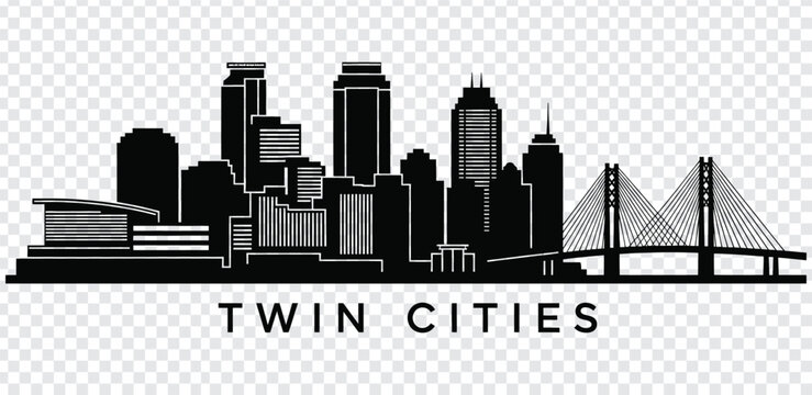 Twin cities skyline silhouette with modern buildings and cablestayed bridge vector illustration