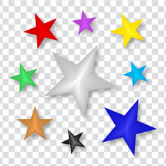 Obraz premium Set of colorful glossy star shapes with drop shadow on transparent background for creative decoration design elements and icon symbols in various sizes and vibrant colors for web and print.