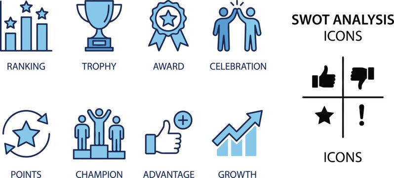 Business success and SWOT analysis icons set including ranking, trophy, award, celebration, points, champion, advantage, and growth, with blue line style,