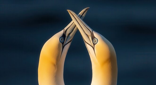 Two northern gannets interact by touching their beaks together in a courtship display.