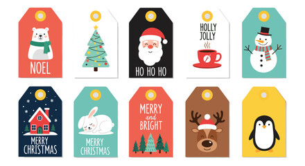 Christmas Gift Tag Vector Set Featuring Festive Designs with Santa, Snowman, Tree, and Holiday Greetings for Holiday Season and Gift Wrapping © Feroz