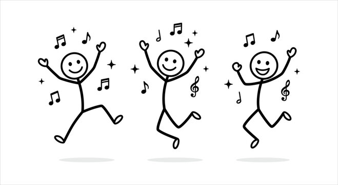 Three stick figures jumping and dancing with musical notes