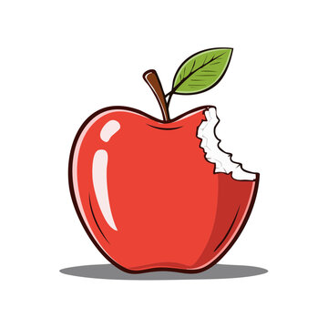 Juicy red apple with a bite mark and green leaf illustration