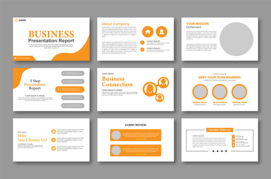 Clean orange and white business presentation report template with diverse layout options for professional corporate slides marketing pitch decks and commercial company profile design elements.