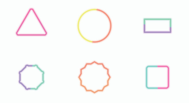 Pastel gradient outline geometric shapes set. colorful thin line borders, triangles, circles, rectangles, wavy badges. for minimalist ui buttons, cute modern logos. flat stock vector.