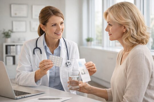 Female doctor talking with mature woman and holding medication in clinic, menopause care, hormone treatment, healthcare consultation.