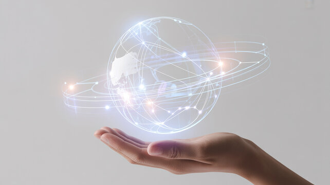 Person holding a holographic globe with light effects digital art digital imag