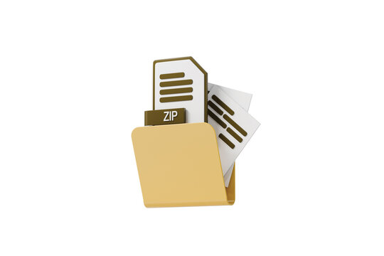 3d ZIP file folder icon. archive compression concept. minimal cartoon folder papers label for file storage and cloud backup. isolated on white transparent background. 3d render.