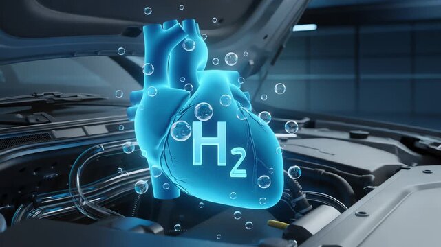 Futuristic hydrogen heart concept under a car hood with glowing H2 symbol representing the vital energy of fuel cell technology and clean automotive propulsion
