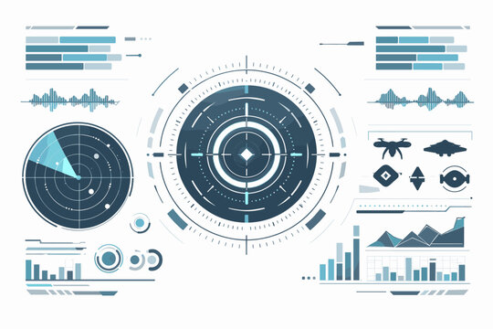 Futuristic Digital Heads-Up Display HUD Interface Featuring Central Reticle, Radar Scan, System Status, Data Visualization Charts, and Sci-Fi UI Elements for High-Tech and Gaming Backgrounds