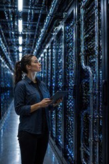 Fototapeta premium Female engineer inspecting server racks in data center, technology infrastructure, maintenance, digital system monitoring.
