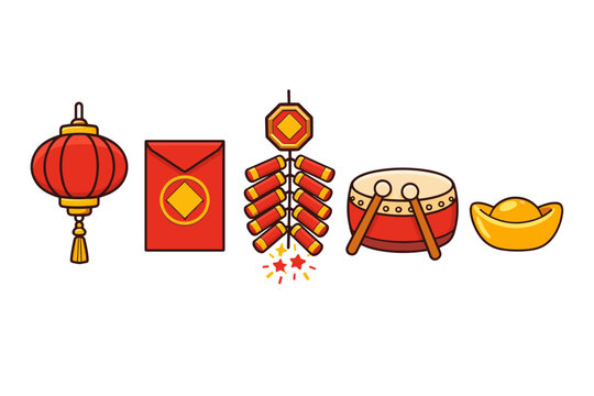 Collection of traditional Chinese New Year icons featuring a red paper lantern, lucky money red envelope, exploding firecrackers, festive drum with sticks, and a golden ingot sycee on white