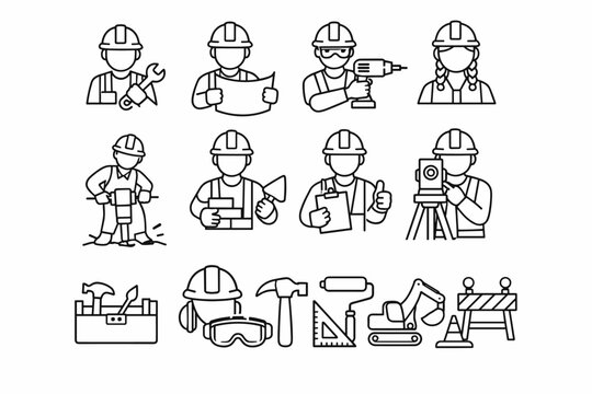 Comprehensive set of construction worker icons and building tools in a clean line art style. Includes architect, mason, surveyor, mechanic, excavator, hammer, and safety gear for site projects.