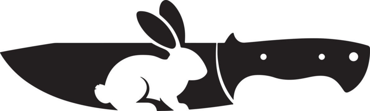 Minimalist double exposure silhouette featuring a white rabbit within a black hunting knife profile