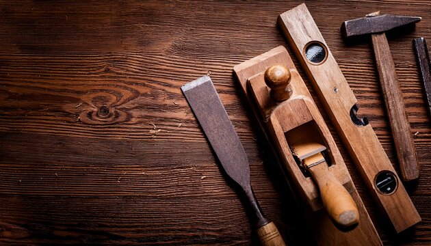 top down carpenter tools hand plane with old chisel