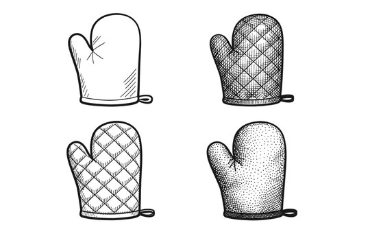 Set of Four Hand-Drawn Oven Mitt Vector Illustrations in Various Sketch Styles Including Outlined, Quilted, Cross-Hatched, and Stippled Textures for Kitchen, Cooking, and Baking Design Projects