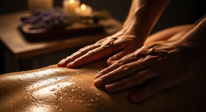 Hands perform a relaxing massage on a wet back in a dimly lit spa setting.
