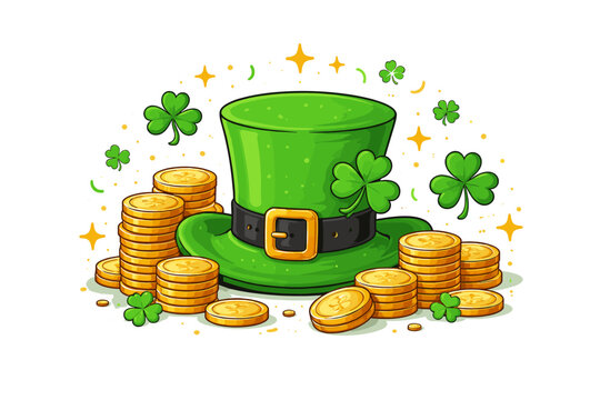 St. Patrick's Day Vector Illustration with a Green Leprechaun Hat, Stacks of Gold Coins, and Lucky Shamrocks. Festive Irish Holiday Graphic Element for Greeting Cards, Posters, and Decorations.