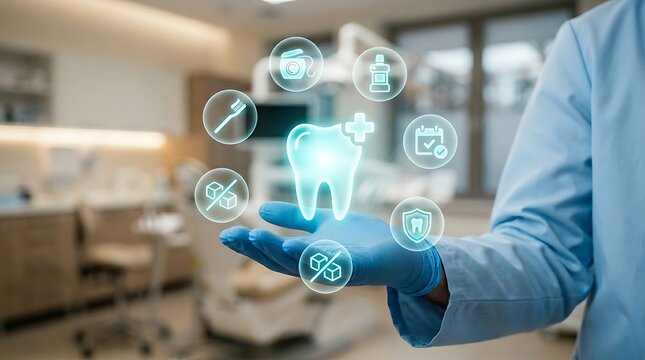 Futuristic dental care technology, dentist holding glowing tooth hologram with medical icons, digital dentistry concept in modern clinic office