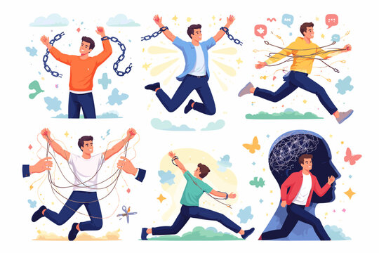 Set of vector illustrations showing a man achieving psychological liberation by breaking chains and ropes, symbolizing freedom from social media, manipulation, and mental health struggles.
