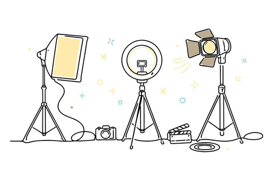 Professional Studio Lighting Equipment and Camera Gear Illustration Drawn with a Continuous Single Line Style Featuring Softbox Ring Light Spotlight and Clapperboard for Video Production
