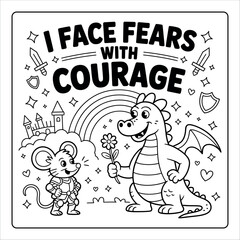 Fototapeta premium Positive affirmation coloring page for kids in north america with dragon and mouse.