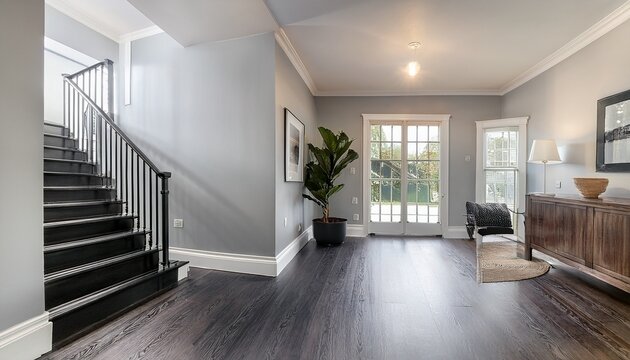 modern farmhouse foyer with gray lvp flooring white walls black staircase and natural light