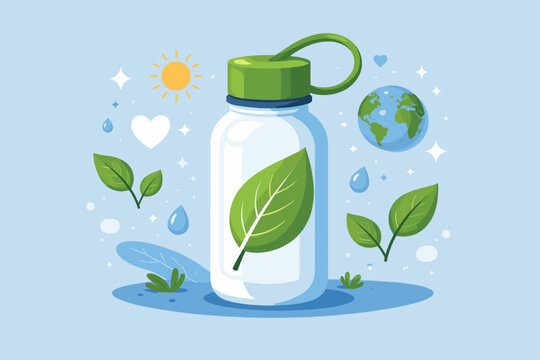 Eco-Friendly Reusable Water Bottle Vector Illustration with Green Leaf Design, Earth Globe, Sun, and Water Drops on Blue Background, Concept for Sustainable Living, Zero Waste, and Environmental Care