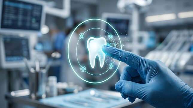 Futuristic dental technology interface with glowing tooth icon, dentist hand in blue glove touching digital screen, modern dentistry clinic background