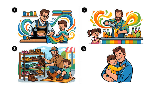 Father-Child Activities: A heart warming illustration showcasing a father and child bonding together, from crafting a beautiful pair of shoes to other playful adventures. 