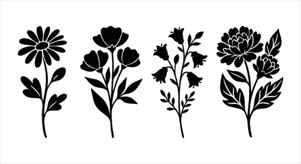 Fototapeta premium Elegant Collection of Black Floral Silhouettes with Diverse Botanical Designs