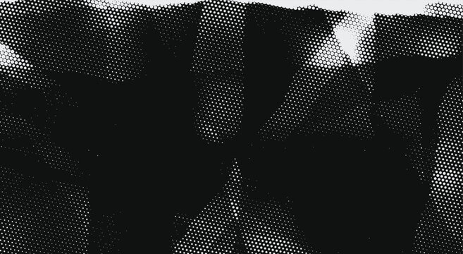 Abstract dark folded black and white halftone texture. sharp geometric paper folds, grainy glitch background, distressed deep shadows. for brutalist posters, web banners. stock vector eps.