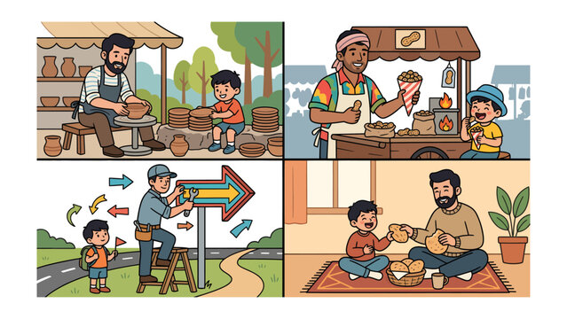 Crafting Moments: Four snapshots capture scenes of work life, a story of labor, tradition, and the bond between generations.
