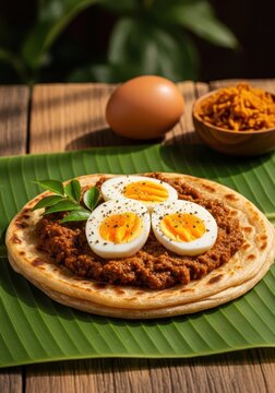 Delicious roti bread topped with spicy minced meat and halved boiled eggs rests on a banana leaf.