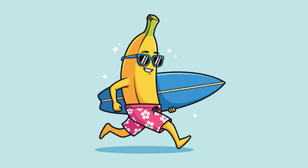Cool banana cartoon character with sunglasses and surfboard running. © NFS Studio
