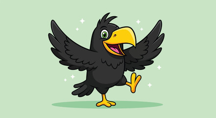 Obraz premium Cute cartoon black crow bird dancing with wings spread and yellow beak.