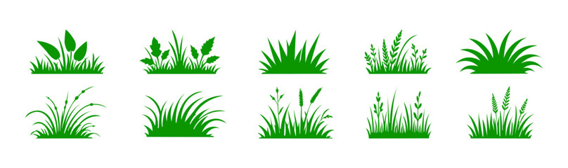 Green grass silhouette icon set. Lawn meadow, and garden plant vector collection isolated on white background © IconMark Pro