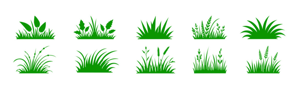 Green grass silhouette icon set. Lawn meadow, and garden plant vector collection isolated on white background