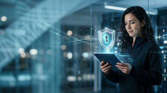 Cybersecurity professional using digital tablet with shield icon, network security specialist in data center, female IT engineer protecting cloud server data